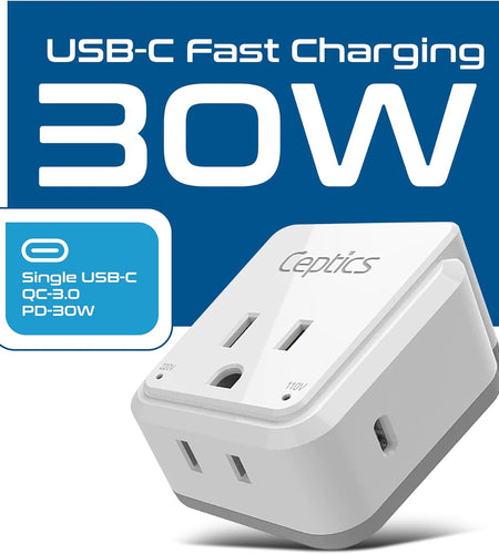 World Travel Plug Adapter Set by , Safe USB-C 30W PD & QC 3.0-2 USA Socket - Compact & Powerful - Use in Europe, Asia, Australia, Japan - Includes Type A, B, C, E/F, G, I Swadapt Attachments