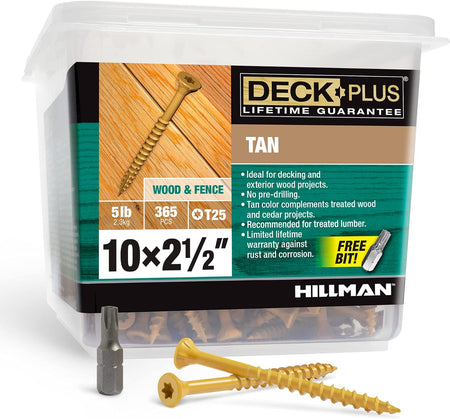 2-1/2 Inch Epoxy Coated Exterior Wood and Fence Screws #10 X 2-1/2" Torx/Star Drive Included Coarse Thread, Outdoor Rust Resistant Decking Screw, Tan, 5 Lb Box, 365 Pieces | 48416