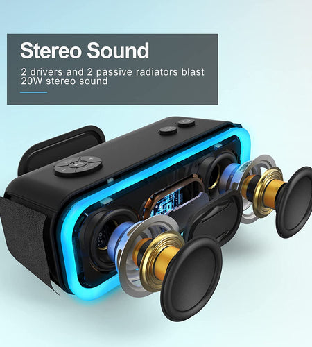 Bluetooth Speaker, Soundbox Pro Wireless Speaker with 20W Stereo Sound, Active Extra Bass, Bluetooth5.0, IPX6 Waterproof, Wireless Stereo Pairing, Multi-Colors Lights, 20Hrs Playtime -Blue