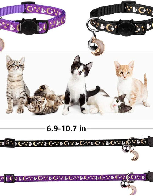 Load image into Gallery viewer, 2PCS Breakaway Cat Collars with Bell Moons Stars Cute Kitty Adjustable Safe Kitten Collars with Pendant Glow in the Dark(Black&amp;Purple)
