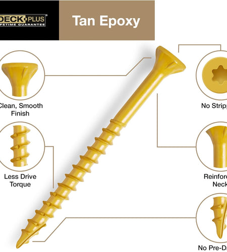 2-1/2 Inch Epoxy Coated Exterior Wood and Fence Screws #10 X 2-1/2" Torx/Star Drive Included Coarse Thread, Outdoor Rust Resistant Decking Screw, Tan, 5 Lb Box, 365 Pieces | 48416