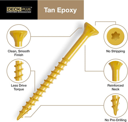 2-1/2 Inch Epoxy Coated Exterior Wood and Fence Screws #10 X 2-1/2" Torx/Star Drive Included Coarse Thread, Outdoor Rust Resistant Decking Screw, Tan, 5 Lb Box, 365 Pieces | 48416
