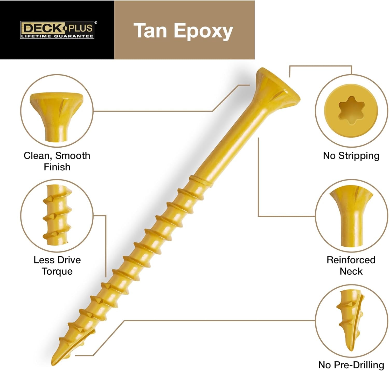 2-1/2 Inch Epoxy Coated Exterior Wood and Fence Screws #10 X 2-1/2" Torx/Star Drive Included Coarse Thread, Outdoor Rust Resistant Decking Screw, Tan, 5 Lb Box, 365 Pieces | 48416
