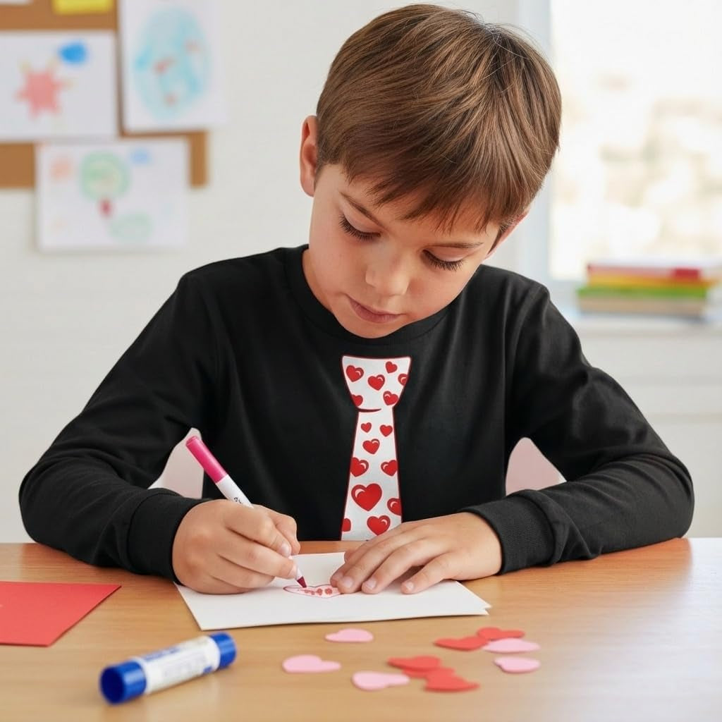 Boys Valentines Day Shirt Red Hearts Tie Toddler Kids Long Sleeve T-Shirt