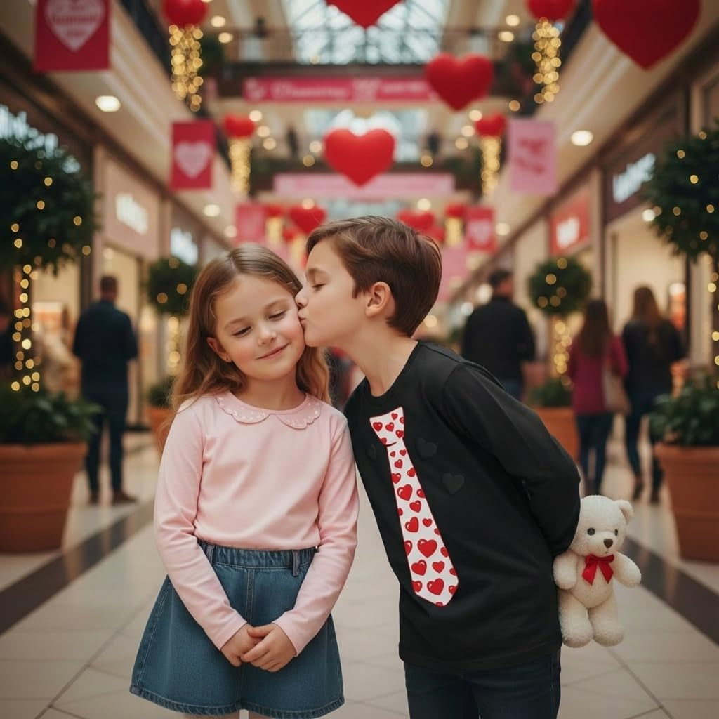 Boys Valentines Day Shirt Red Hearts Tie Toddler Kids Long Sleeve T-Shirt