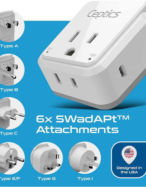 Load image into Gallery viewer, World Travel Plug Adapter Set by , Safe USB-C 30W PD &amp; QC 3.0-2 USA Socket - Compact &amp; Powerful - Use in Europe, Asia, Australia, Japan - Includes Type A, B, C, E/F, G, I Swadapt Attachments
