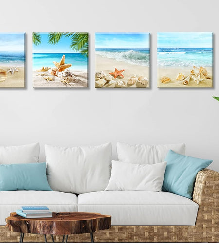 Beach Bathroom Paintings Decor Wall Art Seashell Starfish Nature Canvas Picture Blue Ocean Theme Decorations Posters Contemporary Nautical for Bedroom
