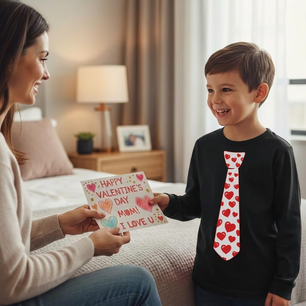 Boys Valentines Day Shirt Red Hearts Tie Toddler Kids Long Sleeve T-Shirt